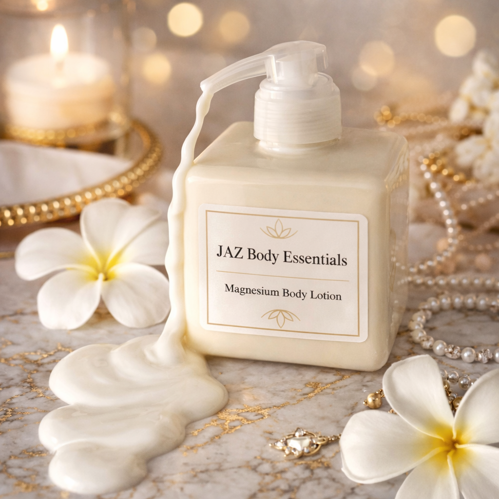 JAZ Body Essentials magnesium body lotion with flowers and jewelry on a marble surface