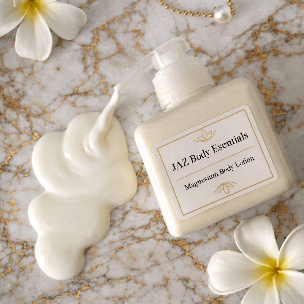 JAZ Body Essentials magnesium body lotion on a marble surface with flowers