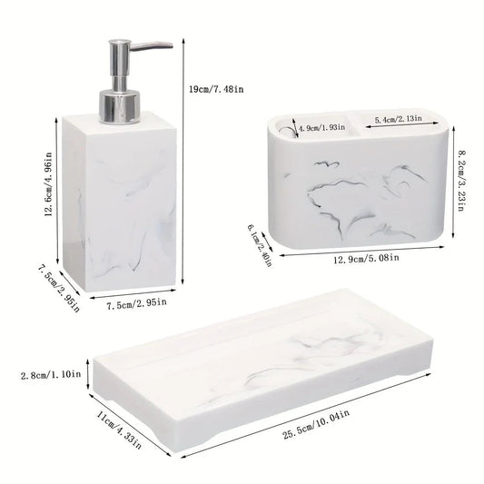 Marble Look Bathroom Accessory Set, 3pcs Includes Soap Dispenser, Toothbrush Holder, and Tray for Home, Restroom, Apartment Decor - Other Material