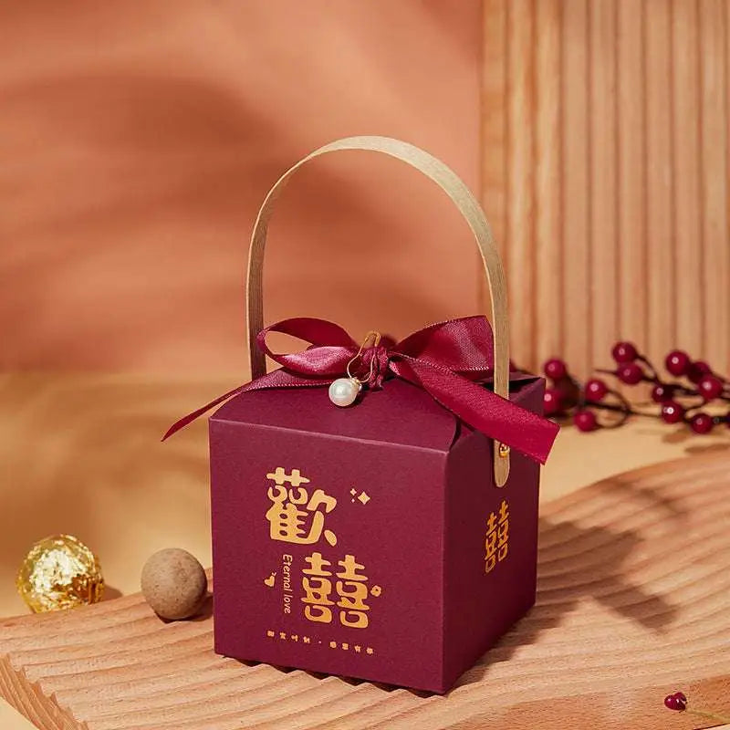 Maroon Minimalist Wedding Candy Gift Box with Gold Handle