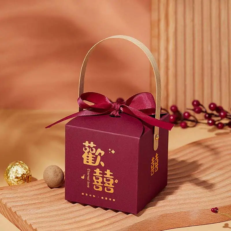 Maroon Minimalist Wedding Candy Gift Box with Gold Handle