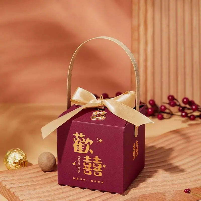 Maroon Minimalist Wedding Candy Gift Box with Gold Handle
