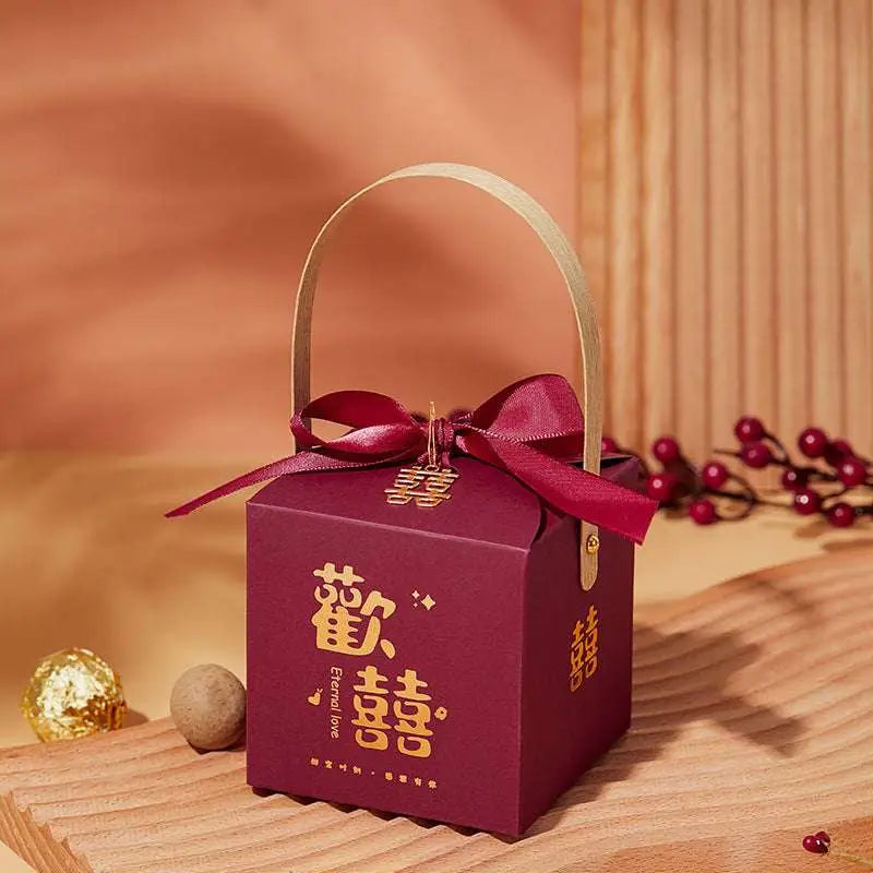 Maroon Minimalist Wedding Candy Gift Box with Gold Handle