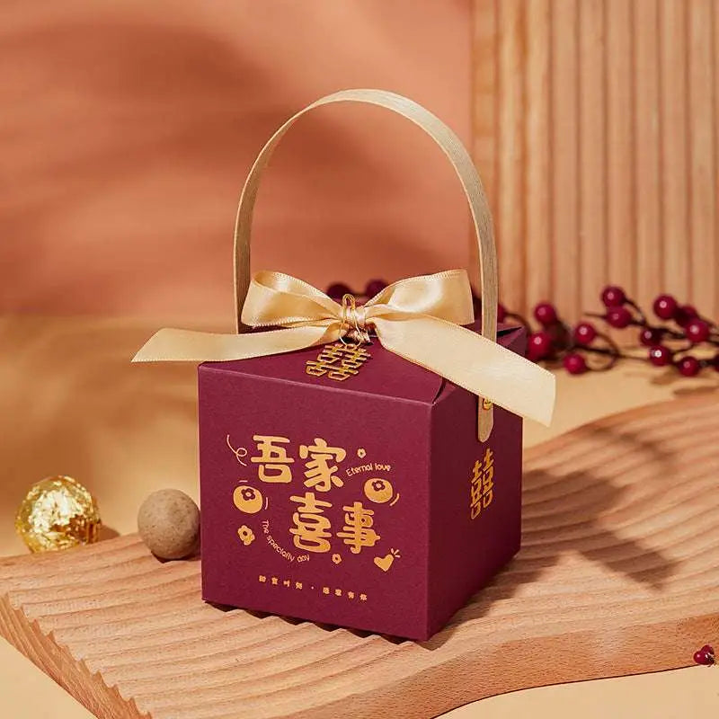 Maroon Minimalist Wedding Candy Gift Box with Gold Handle