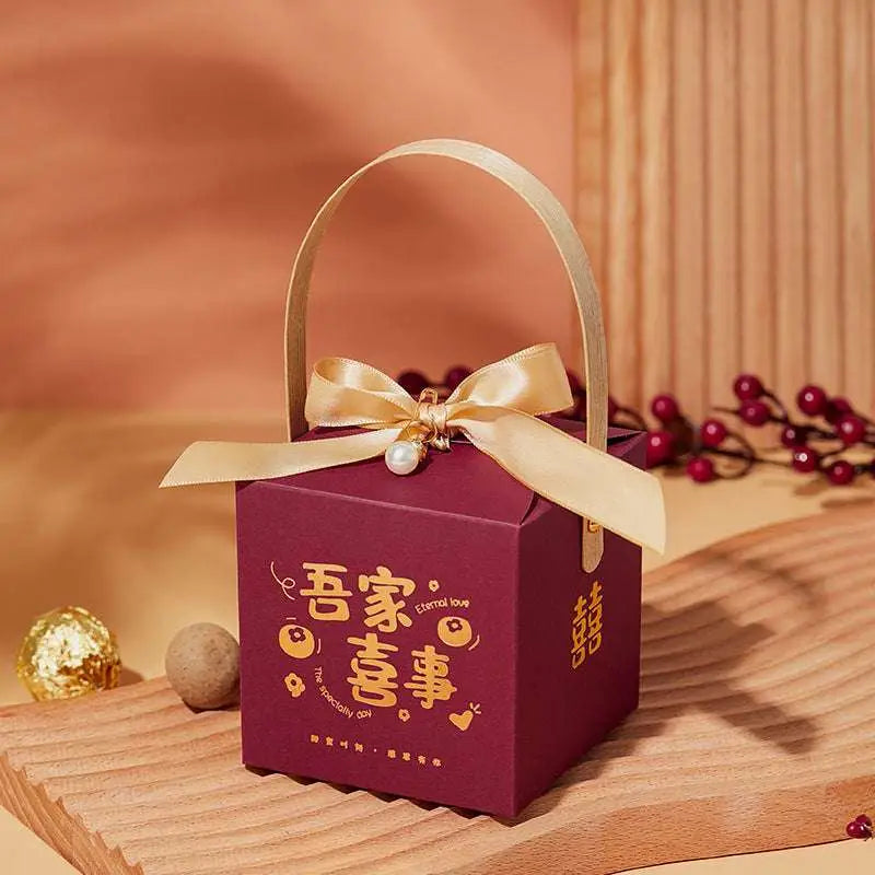 Maroon Minimalist Wedding Candy Gift Box with Gold Handle