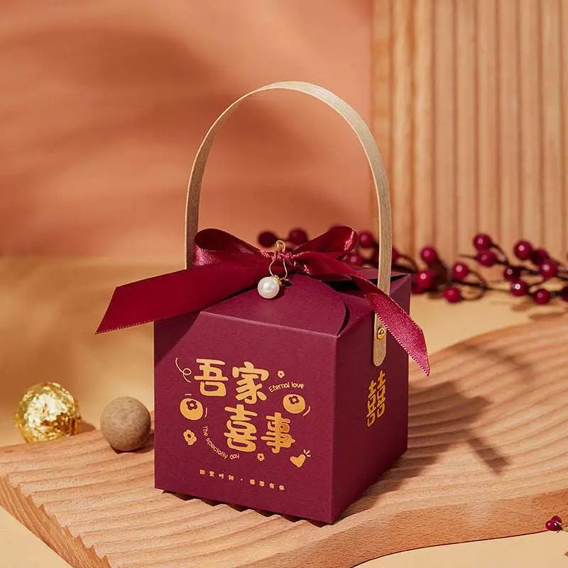 Maroon Minimalist Wedding Candy Gift Box with Gold Handle