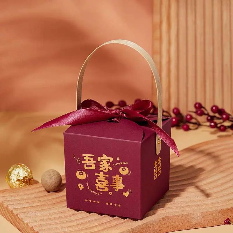 Maroon Minimalist Wedding Candy Gift Box with Gold Handle
