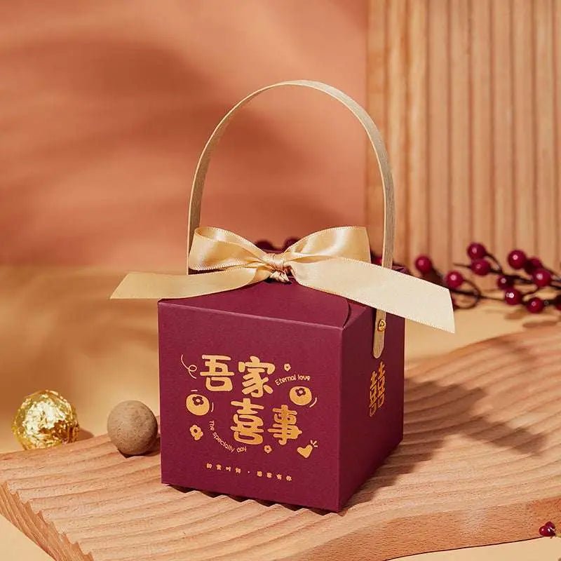 Maroon Minimalist Wedding Candy Gift Box with Gold Handle