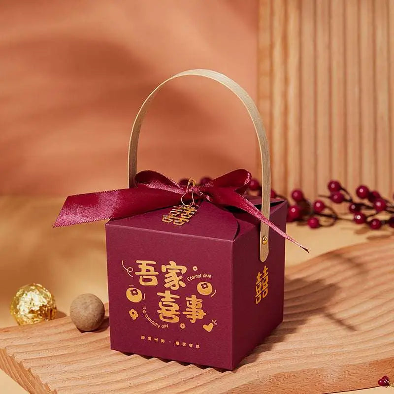 Maroon Minimalist Wedding Candy Gift Box with Gold Handle