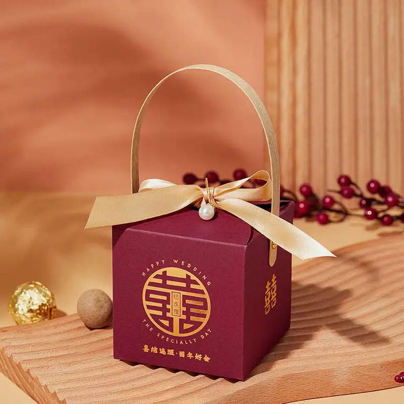Maroon Minimalist Wedding Candy Gift Box with Gold Handle