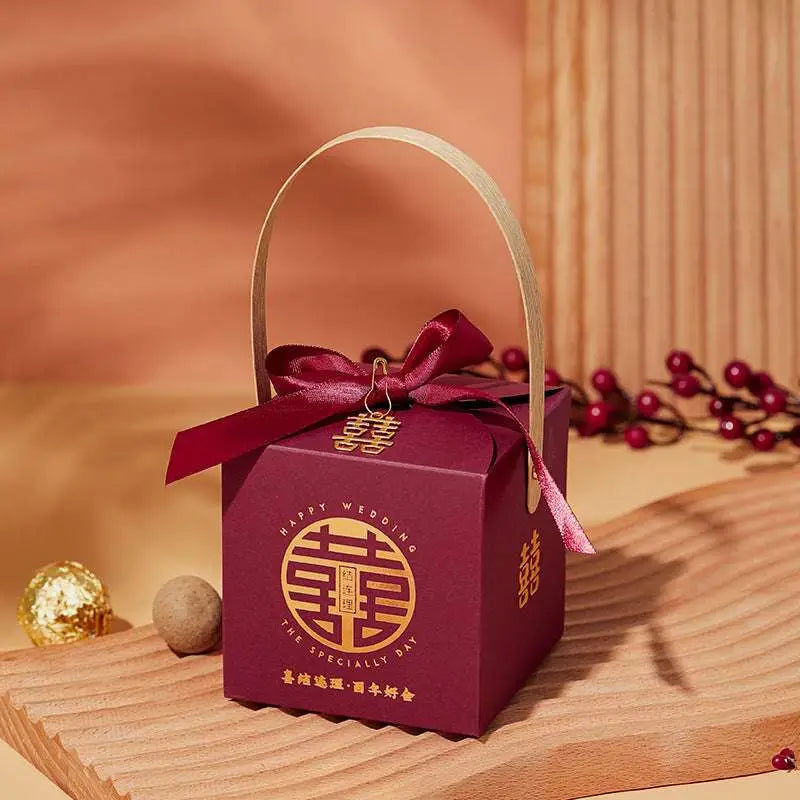 Maroon Minimalist Wedding Candy Gift Box with Gold Handle