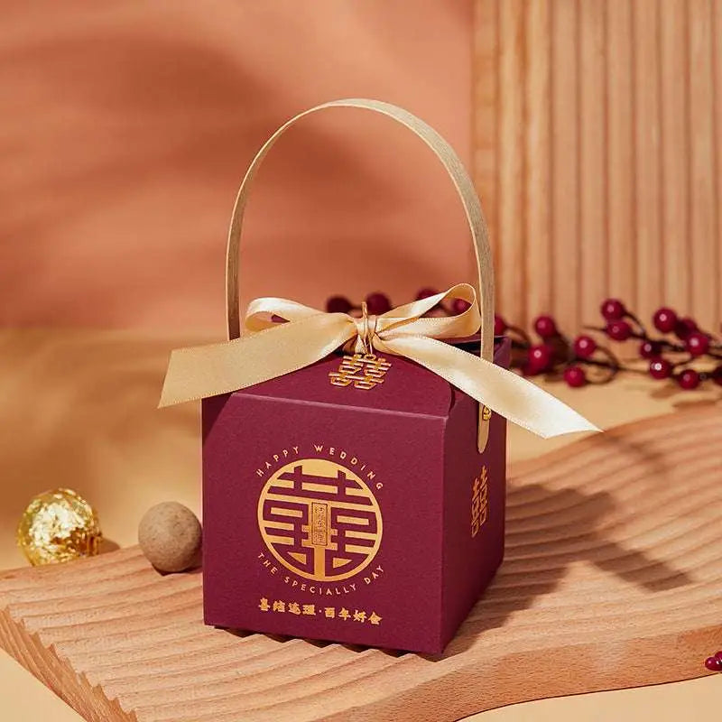 Maroon Minimalist Wedding Candy Gift Box with Gold Handle