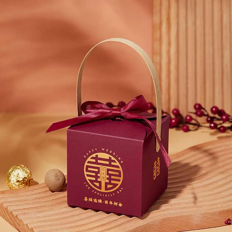 Maroon Minimalist Wedding Candy Gift Box with Gold Handle