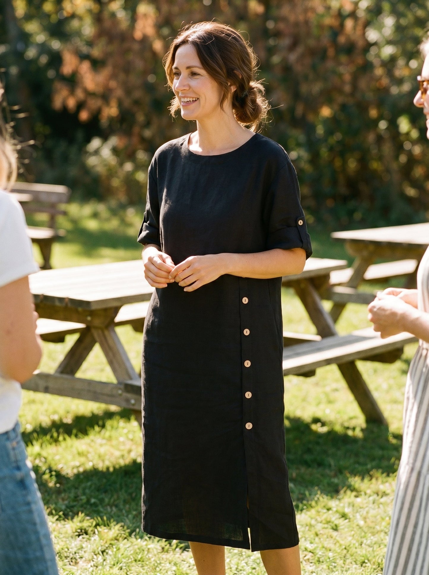 100% Linen Round Neck Button Detail Midi Dress JELENA