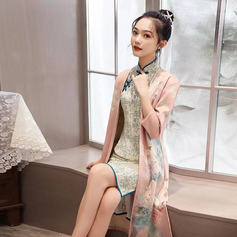 Medium Length Cheongsam Floral Dress Set with Jacket