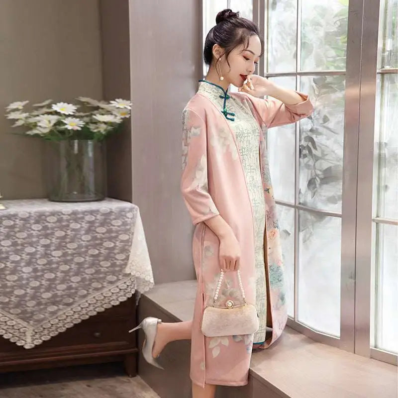 Medium Length Cheongsam Floral Dress Set with Jacket