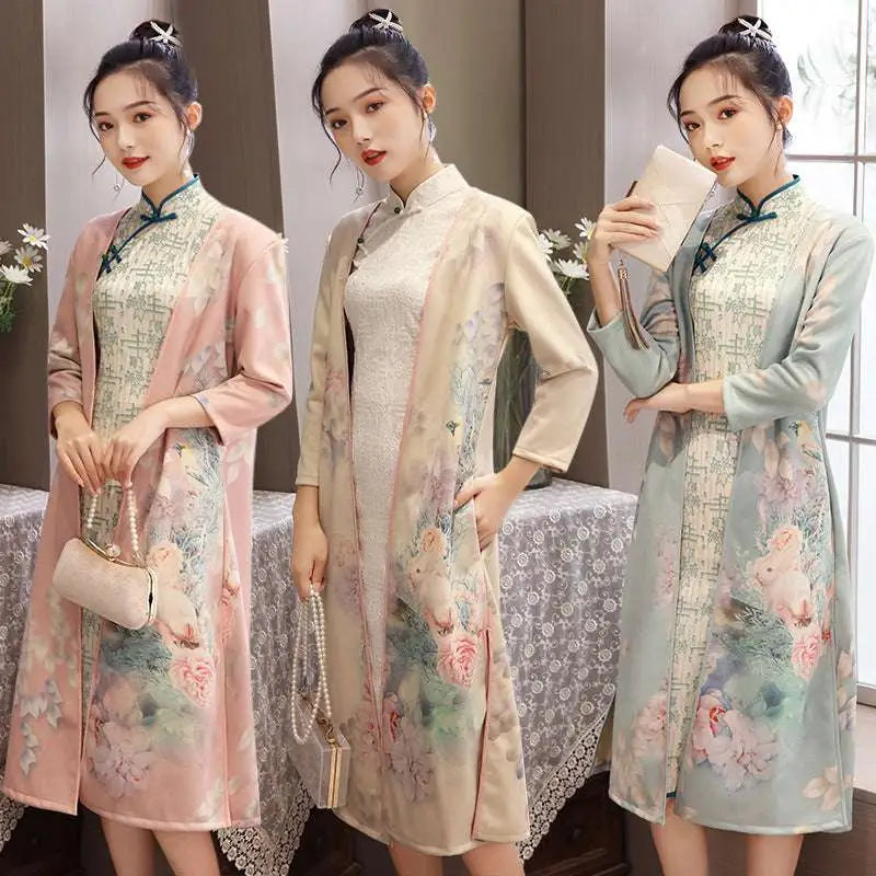 Medium Length Cheongsam Floral Dress Set with Jacket