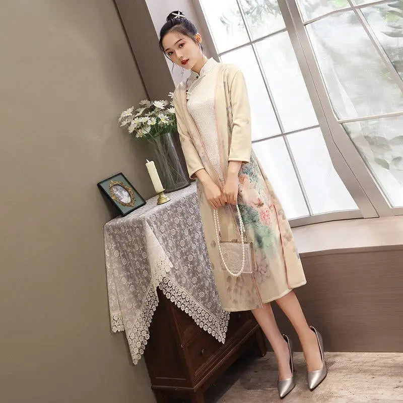 Medium Length Cheongsam Floral Dress Set with Jacket