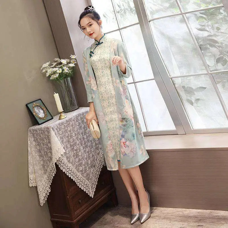 Medium Length Cheongsam Floral Dress Set with Jacket