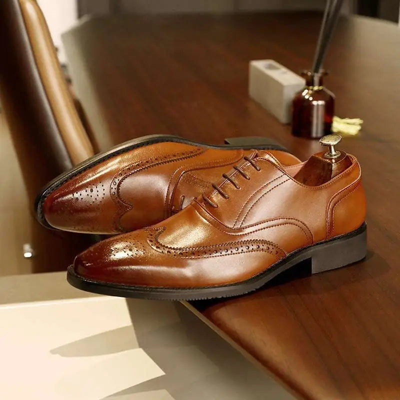 Men Black Leather Shoes Rubber Sole Brogues