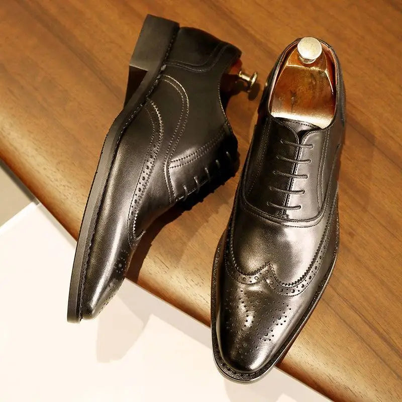 Men Black Leather Shoes Rubber Sole Brogues