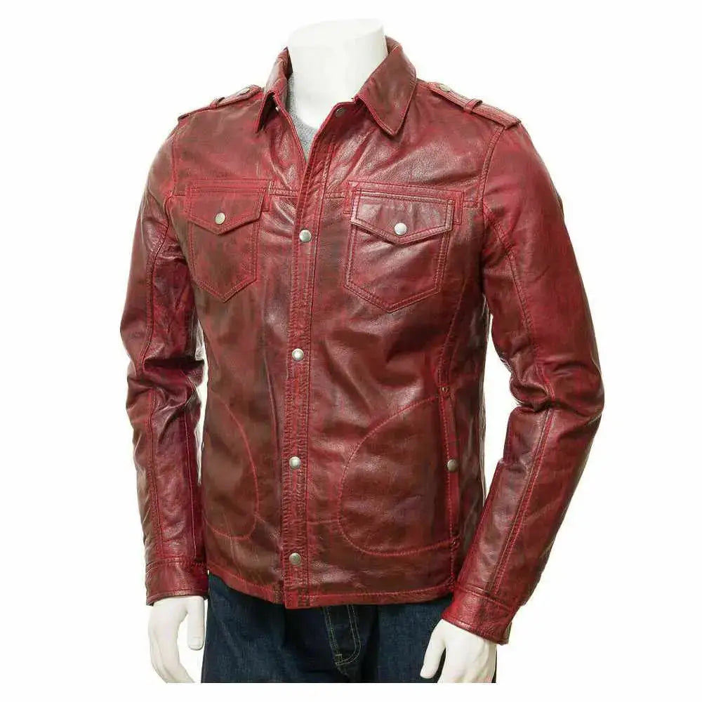 Men's Distressed Red Leather Biker Shirt-0