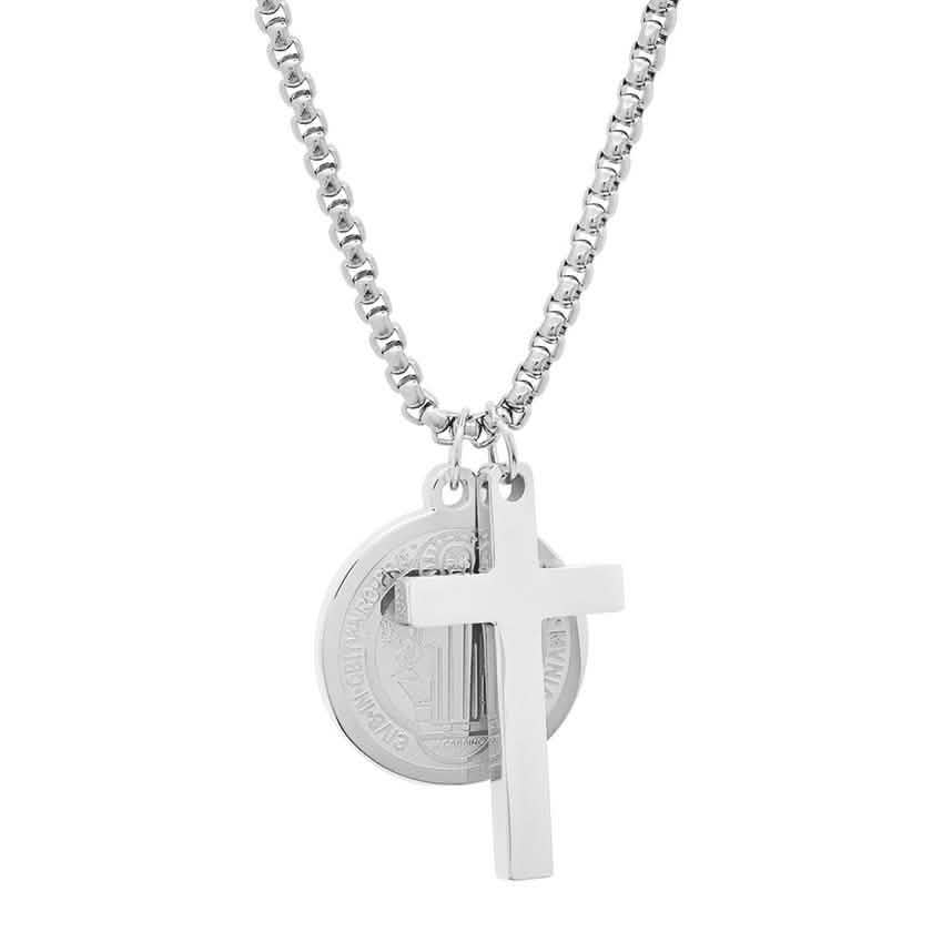 Men Stainless Steel Saint Benedict and Cross Charm with Prayer Gift Box