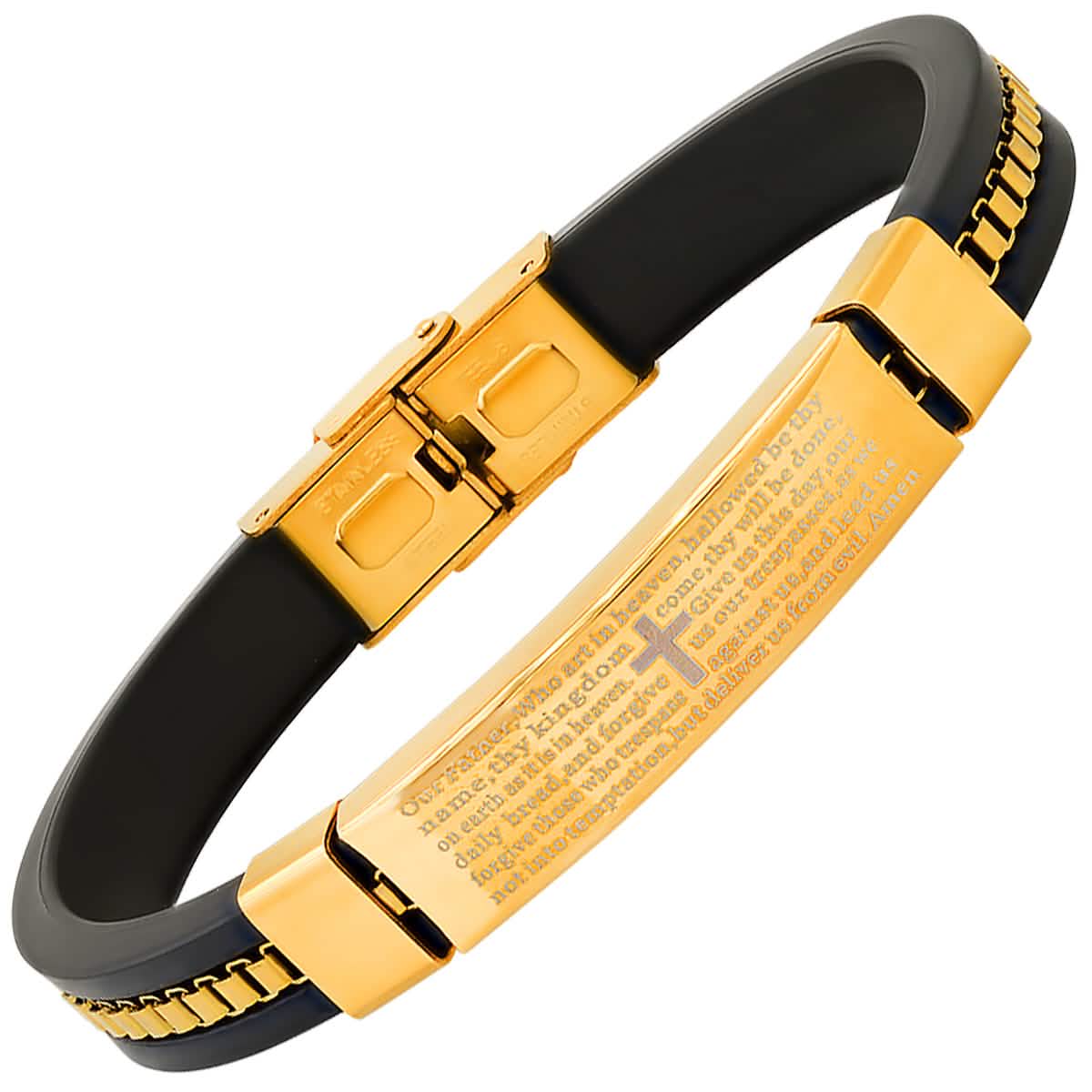 Men's Black Rubber and Stainless Steel Box Inlay Chain Our Father Prayer Bracelet