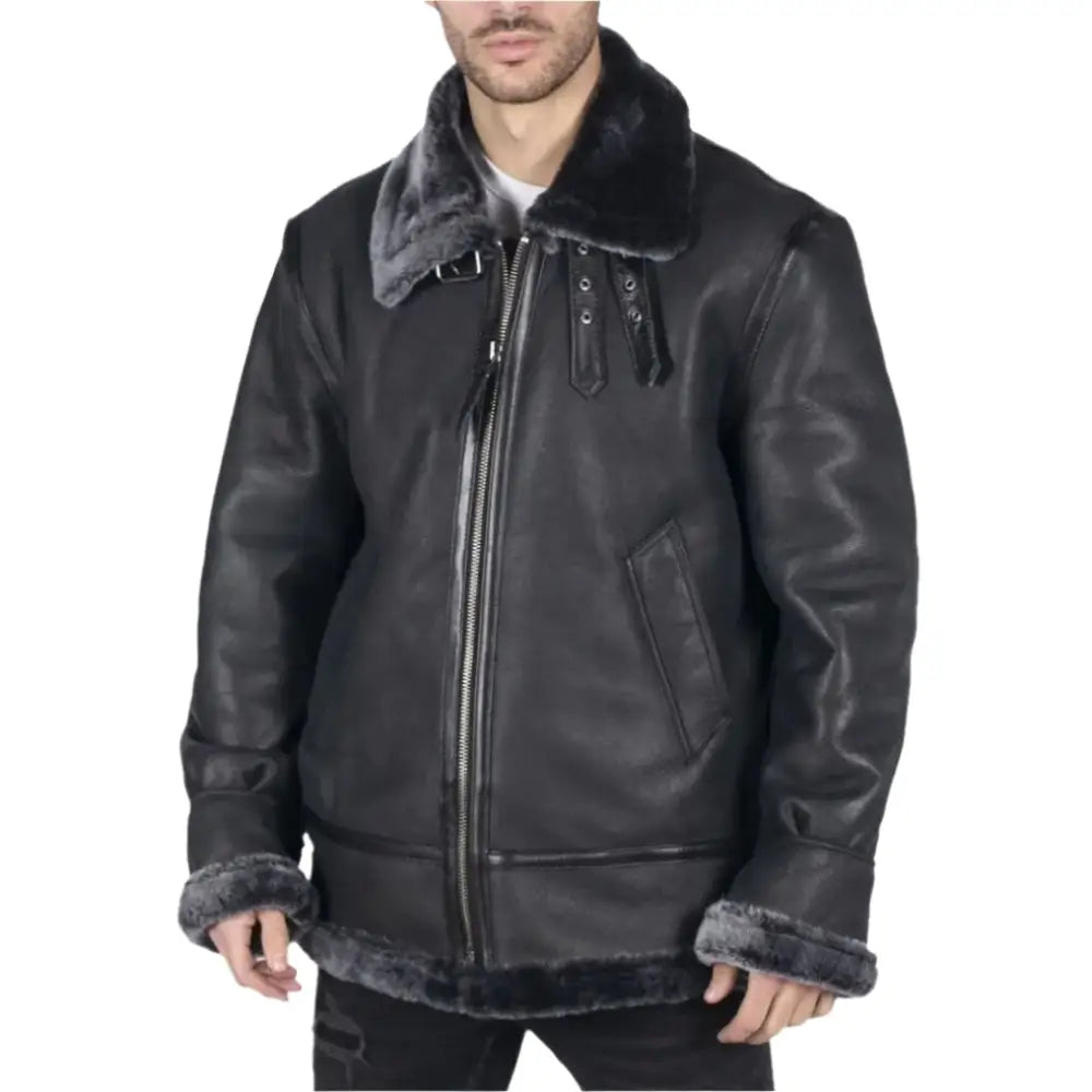 Men’s Black Sheepskin Leather B3 Aviator Jacket with Grey Fur Lining-0