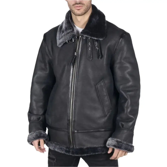 Men’s Black Sheepskin Leather B3 Aviator Jacket with Grey Fur Lining-0