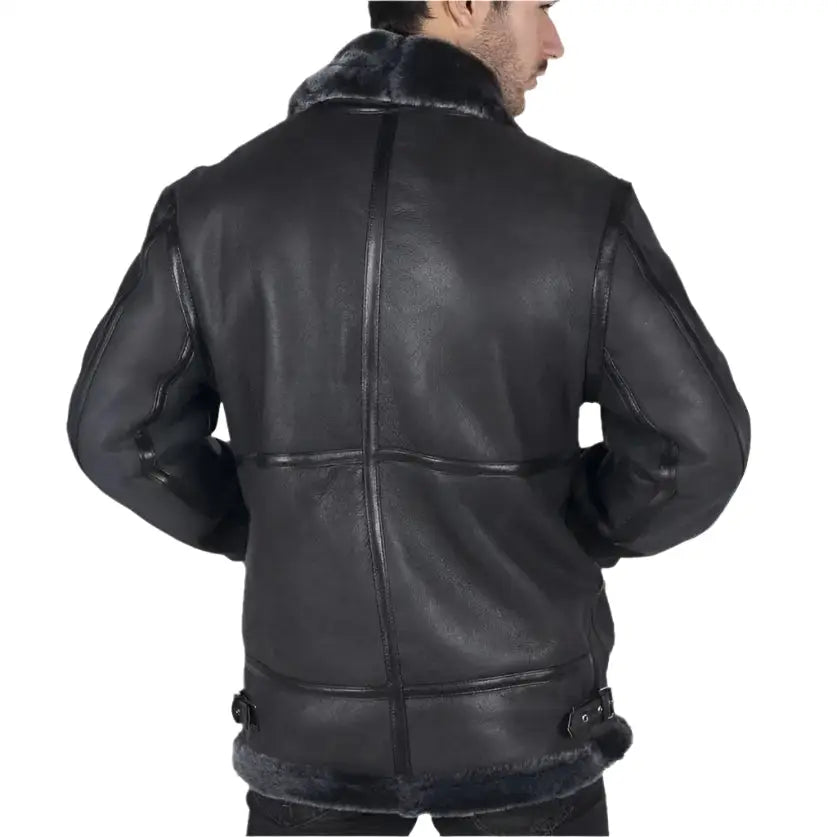 Men’s Black Sheepskin Leather B3 Aviator Jacket with Grey Fur Lining-1