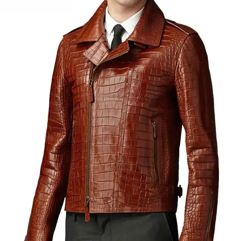 Men’s Brown Croc Alligator Leather Biker Jacket-0