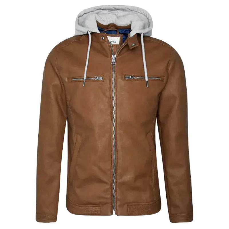 Men’s Brown Hooded Biker Leather Jacket-0