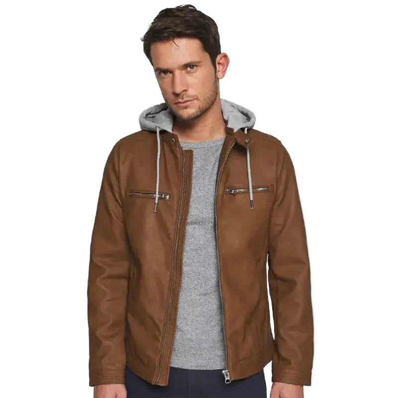 Men’s Brown Hooded Biker Leather Jacket-1