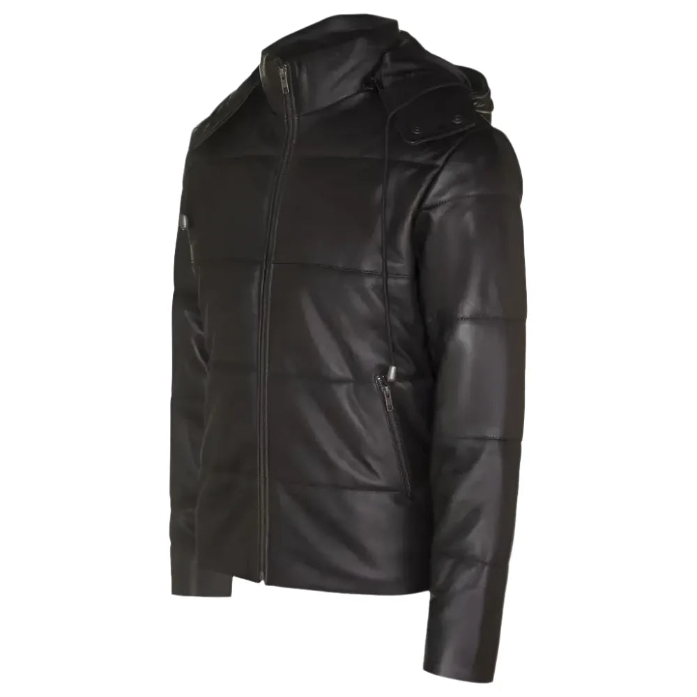 Men’s Distressed Black Leather Hooded Puffer Jacket-2