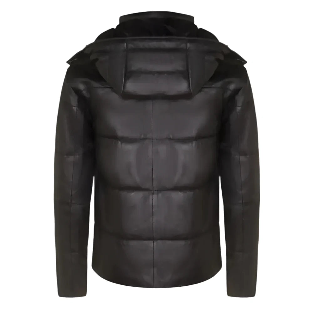 Men’s Distressed Black Leather Hooded Puffer Jacket-1