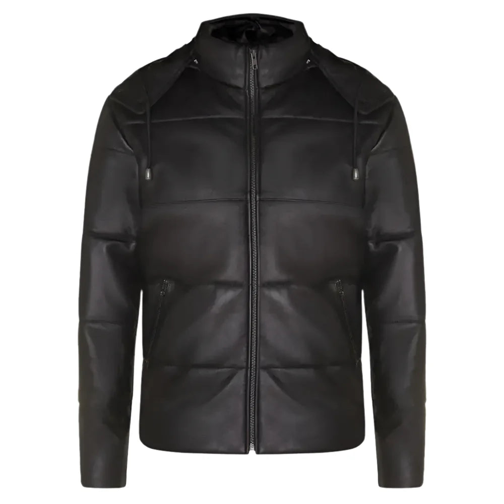 Men’s Distressed Black Leather Hooded Puffer Jacket-0