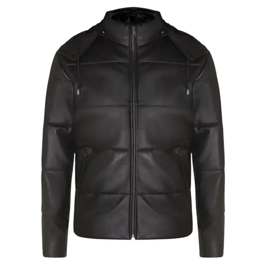 Men’s Distressed Black Leather Hooded Puffer Jacket-0