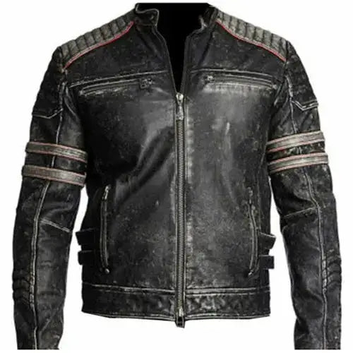 Men’s Distressed Dark Grey Café Racer Jacket with Stripes-0