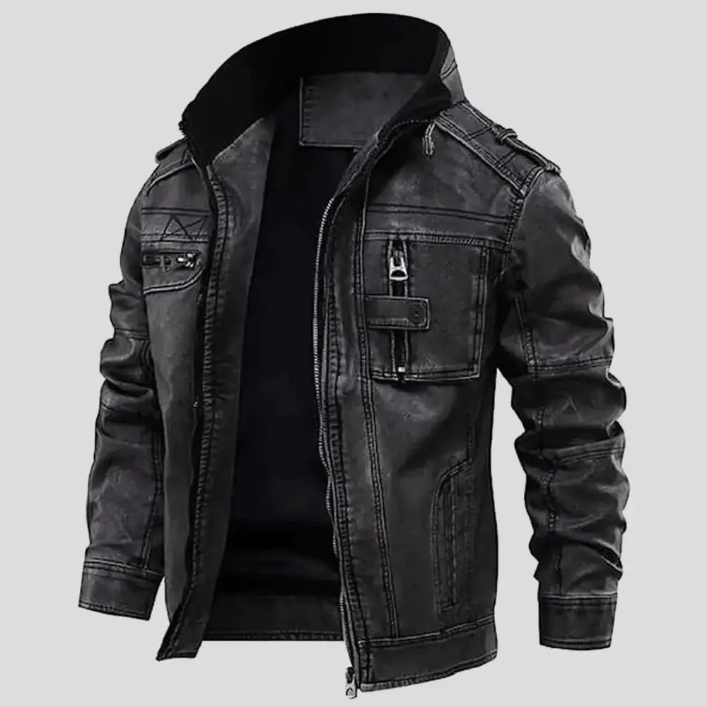 Mens Distressed Grey Cafe Racer Leather Jacket-0