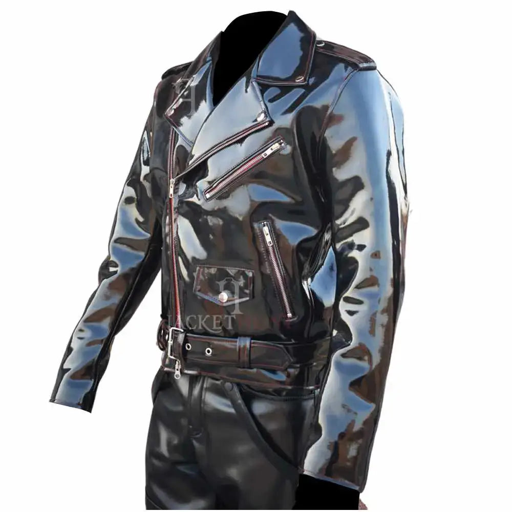 Men's EMO Vinyl Biker Jacket with Gothic Red Stitching-1
