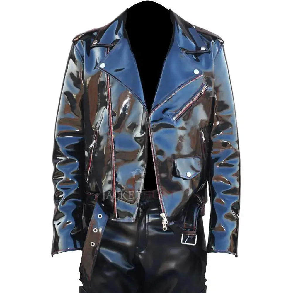 Men's EMO Vinyl Biker Jacket with Gothic Red Stitching-0