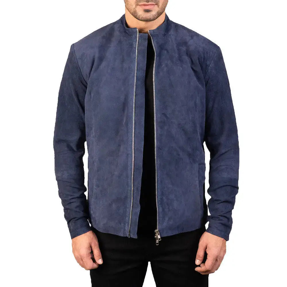 Men's Navy Blue Suede Biker Jacket-2