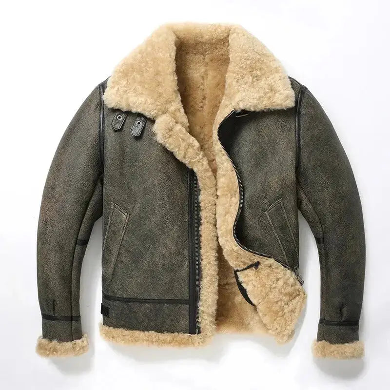 Mens Sherpa Sheepskin Leather Motorcycle Jacket-0