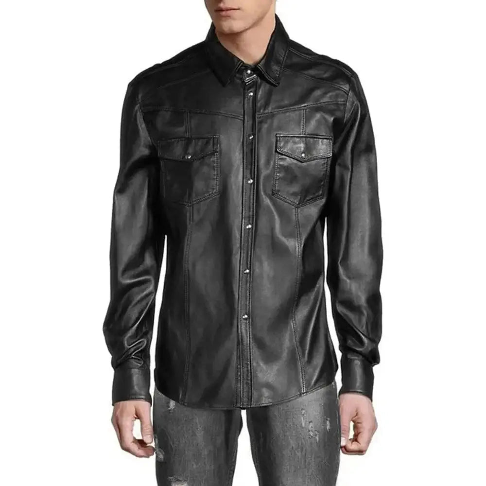 Men's Slim Fit Real Leather Button-Up Shirt-0
