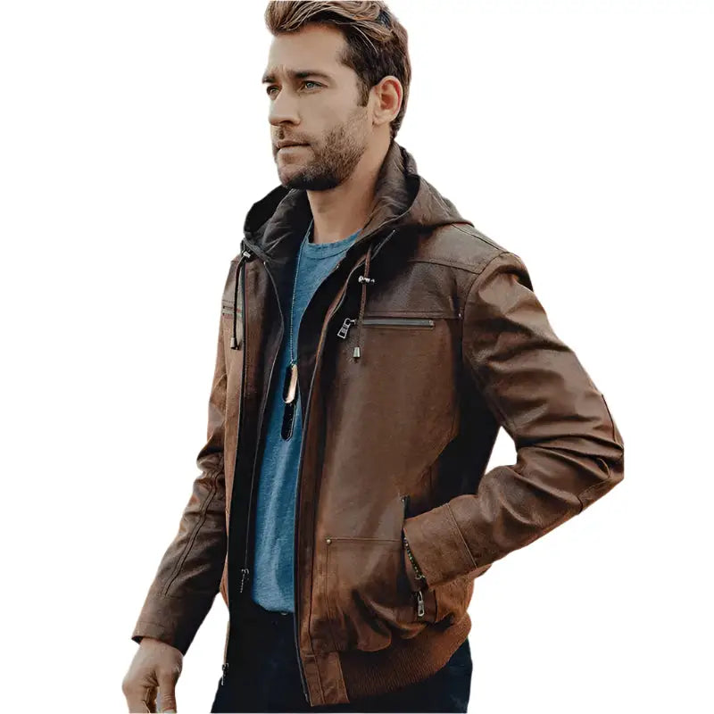 Mens Suede Hooded Leather Jacket-1