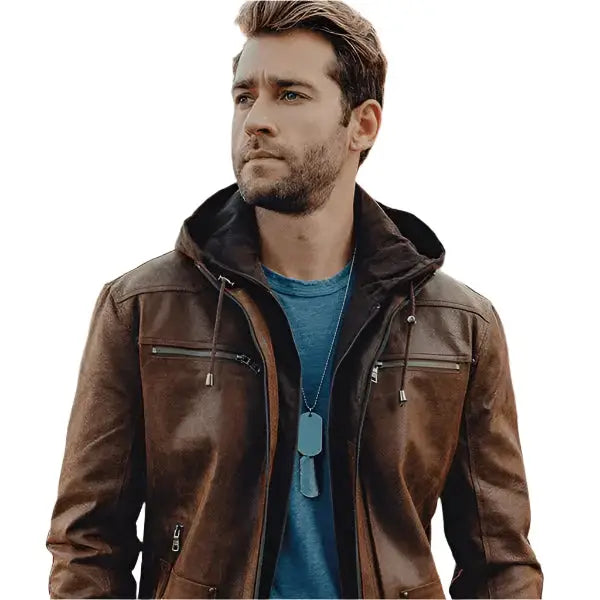 Mens Suede Hooded Leather Jacket-2