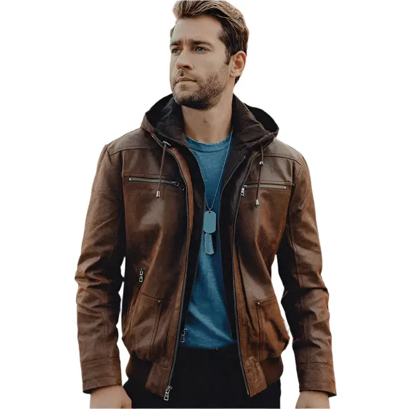 Mens Suede Hooded Leather Jacket-0