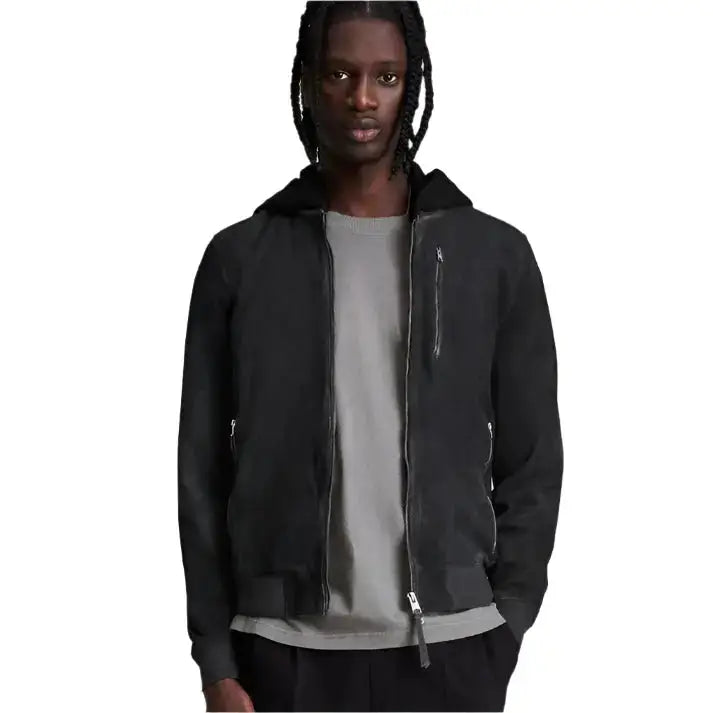 Mens Suede Leather Hooded Bomber Jacket-0