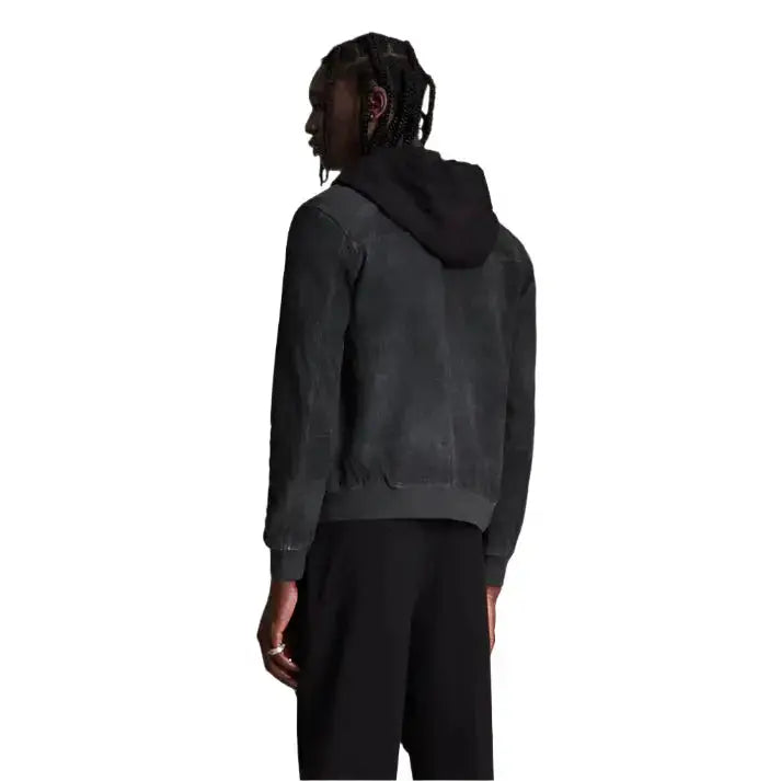 Mens Suede Leather Hooded Bomber Jacket-1